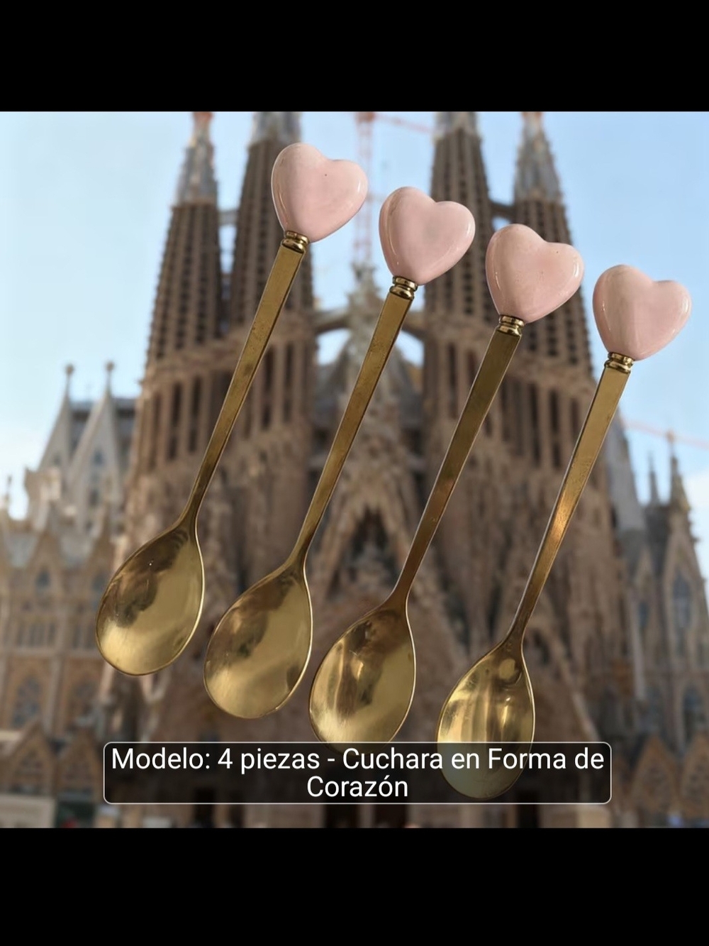 Set of 4 Heart-Top Gold Spoons with Pink Handles